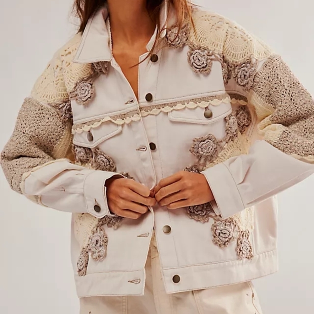 Free People Bali Rare Hearts Denim Crochet Embellished Jacket NWT Sz XL